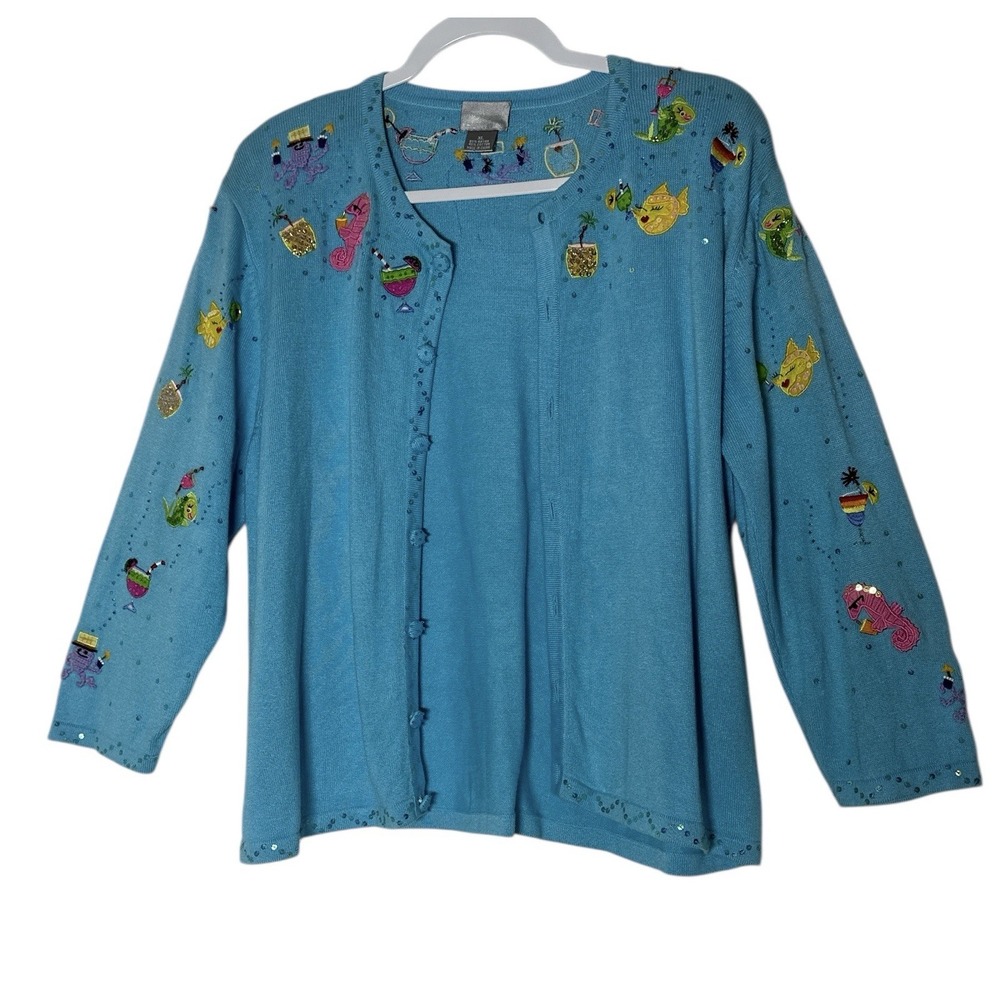 BEREK Sweater Cardigan Top Women's XL Beaded‎ Beach Fish Embroidered Resort